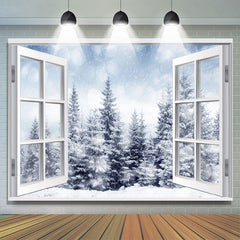 Lofaris Snowy Winter with Trees Outside the Window Backdrop