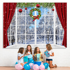 Lofaris Snowy World With Christmas Wreath Curtain Backdrop