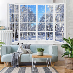 Lofaris Snowy World With White Trees Outside Window Backdrop