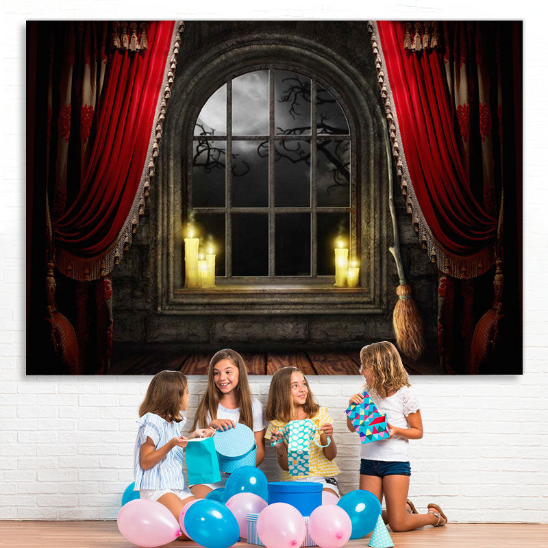 Lofaris Spooky Night Window Red Curtain Halloween Theme Backdrop