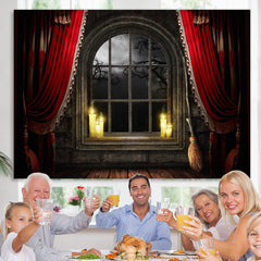 Lofaris Spooky Night Window Red Curtain Halloween Theme Backdrop