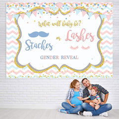 Lofaris Staches or Lashes Pink and Blue Baby Shower Backdrop