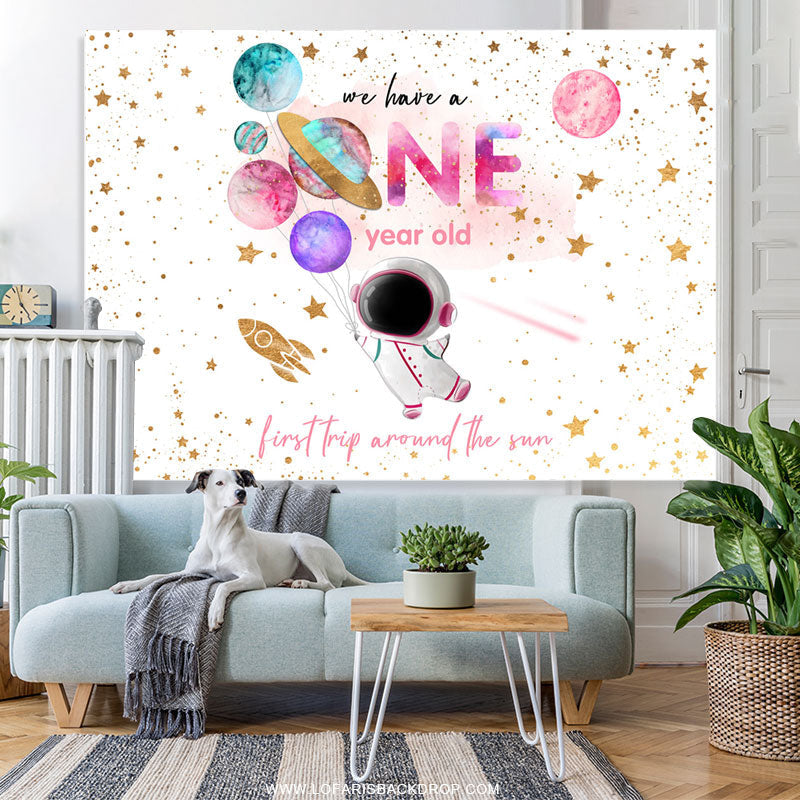 Lofaris Star Astronaut Pink Golden 1st Birthday Backdrop