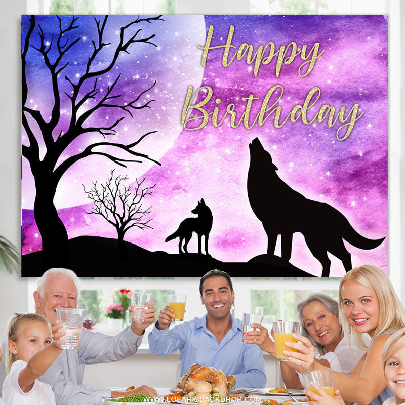 Lofaris Starry Glitter Night Wolf Theme Happy Birthday Backdrop