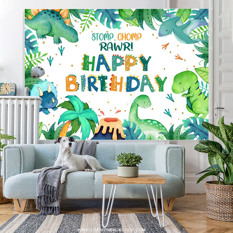 Lofaris Stomp Chomp Rawr Green Leaves Birthday Party Backdrop