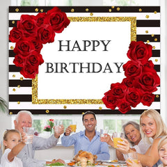 Lofaris Stripes and Red Rose Gold Dots Happy Birthday Backdrop