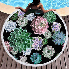 Lofaris Succulent Flowers Watercolor Painting Round Beach Towel
