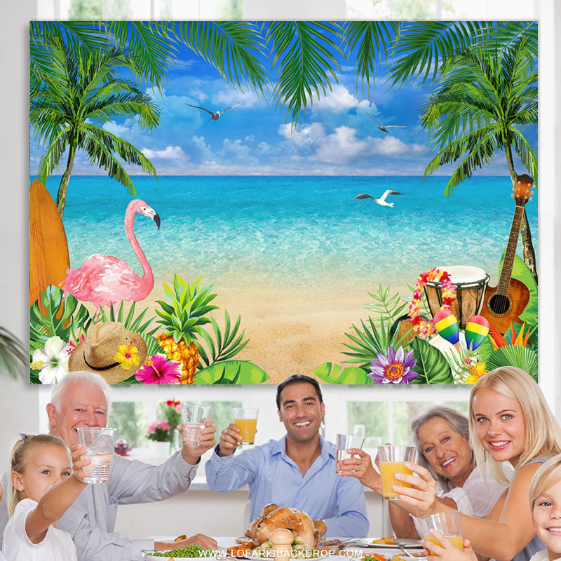 Lofaris Summer Beach And Coconut With Flamingo Birthday Backdrop
