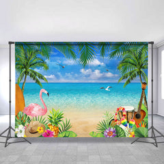 Lofaris Summer Beach And Coconut With Flamingo Birthday Backdrop