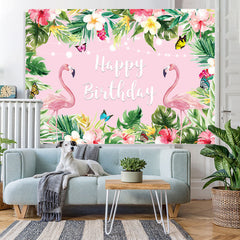 Lofaris Summer Pink Tropical Flower Flamingos Birthday Backdrop