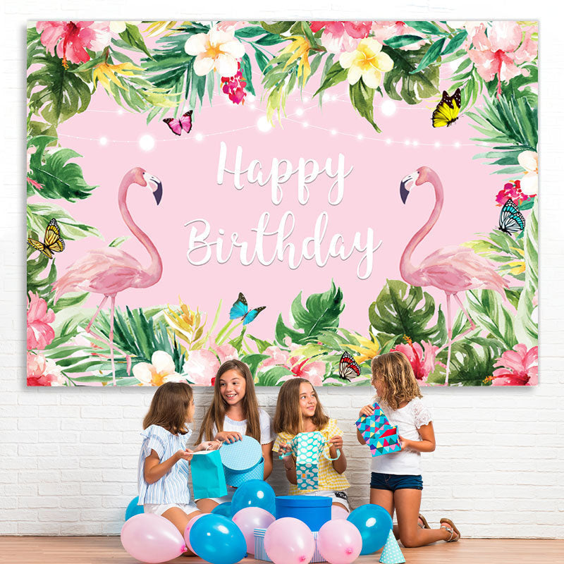 Lofaris Summer Pink Tropical Flower Flamingos Birthday Backdrop