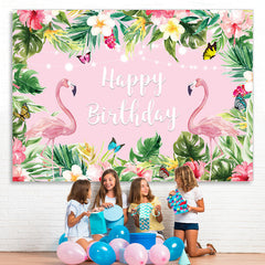 Lofaris Summer Pink Tropical Flower Flamingos Birthday Backdrop