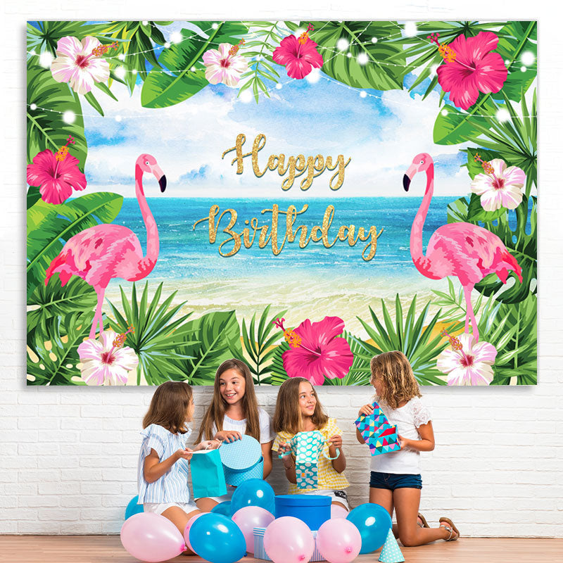 Lofaris Summer Sea Pink Flamingos and Leaves Birthday Backdrop