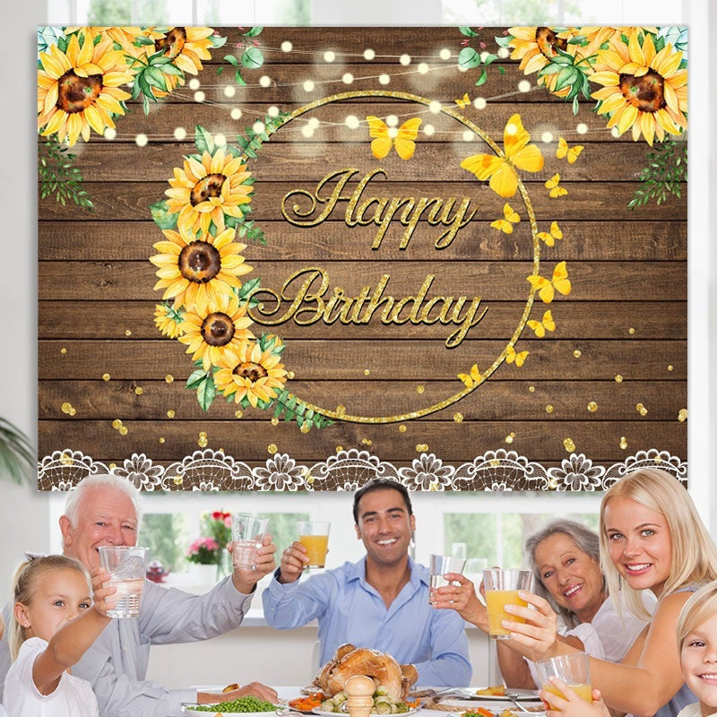 Lofaris Summer Sunflower Wood Pattern Girls Birthday Backdrop