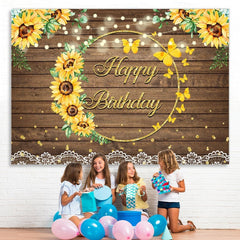 Lofaris Summer Sunflower Wood Pattern Girls Birthday Backdrop