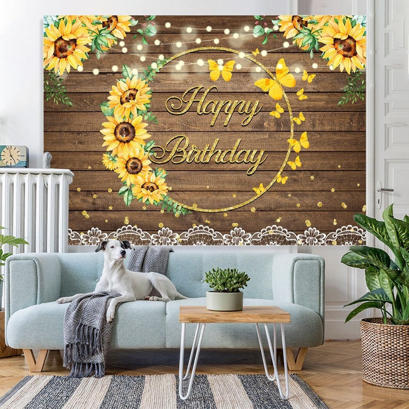 Lofaris Summer Sunflower Wood Pattern Girls Birthday Backdrop
