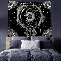 Lofaris Sun Moon Black And White Abstract Mandala Wall Tapestry