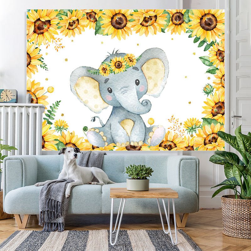 Lofaris Sunflower And Lovely Elephant Baby Shower Backdrop