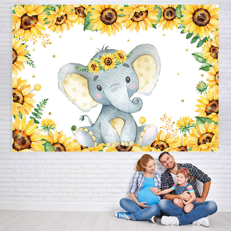 Lofaris Sunflower And Lovely Elephant Baby Shower Backdrop