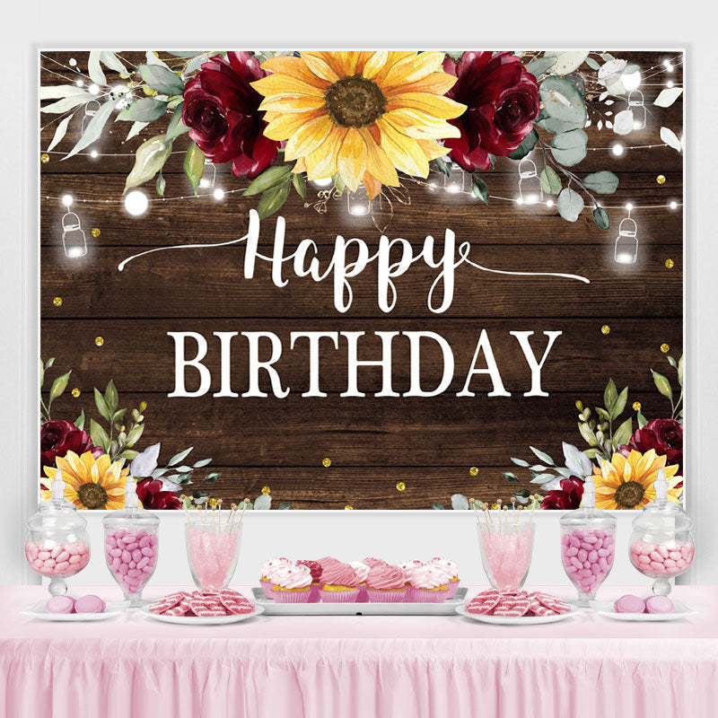 Lofaris Sunflower and Red Roses Wood Happy Birthday Backdrop