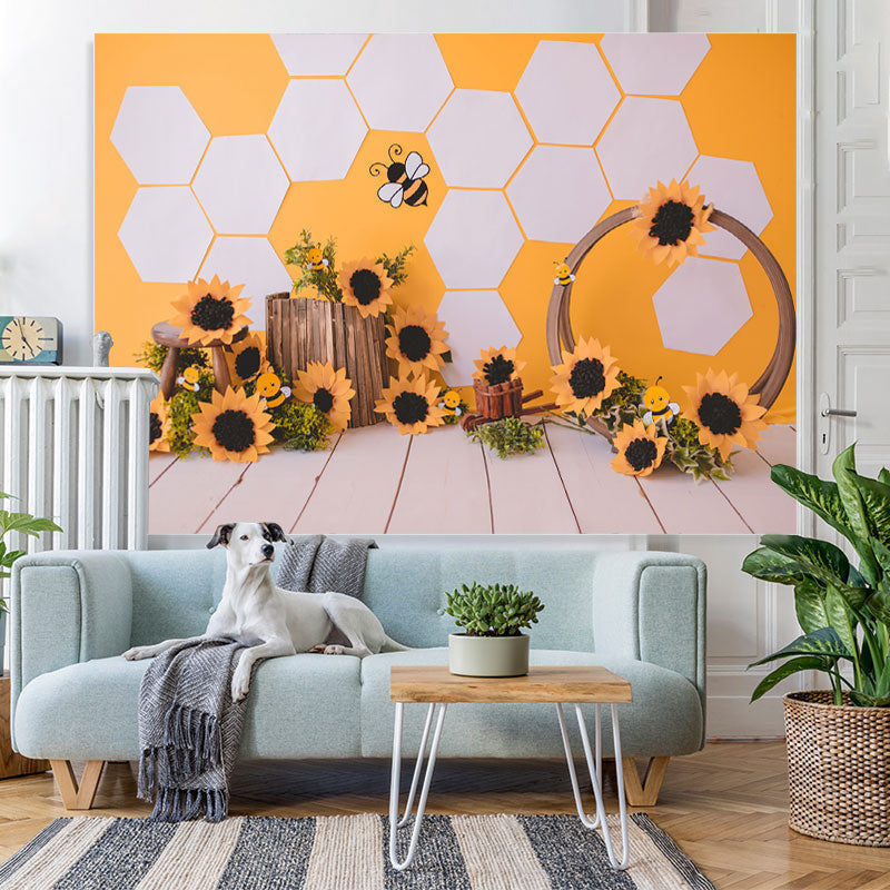 Lofaris Sunflower Bee Wood Floor Birthday Party Backdrop for Baby