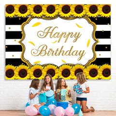 Lofaris Sunflower Black White Stripes Happy Birthday Backdrop
