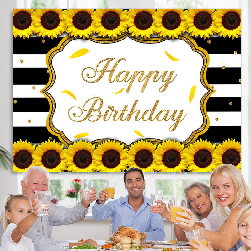 Lofaris Sunflower Black White Stripes Happy Birthday Backdrop