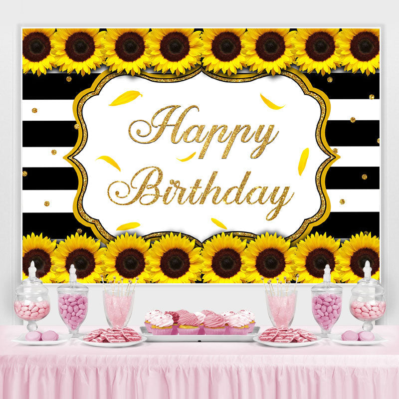 Lofaris Sunflower Black White Stripes Happy Birthday Backdrop