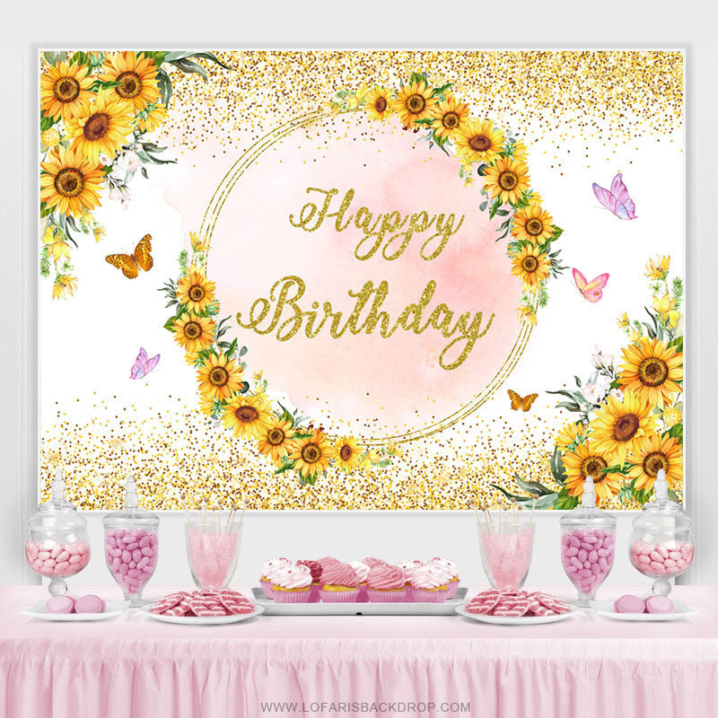 Lofaris Sunflower Butterfly Pink Gold Happy Birthday Backdrop