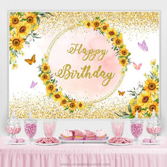 Lofaris Sunflower Butterfly Pink Gold Happy Birthday Backdrop