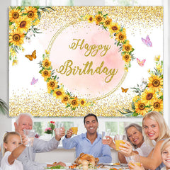 Lofaris Sunflower Butterfly Pink Gold Happy Birthday Backdrop