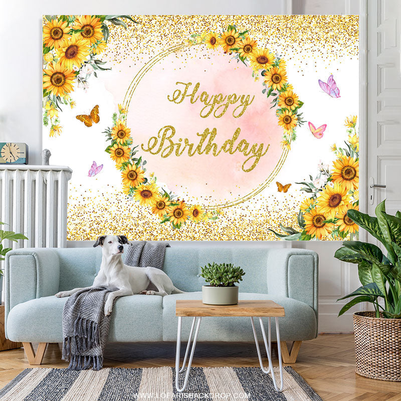 Lofaris Sunflower Butterfly Pink Gold Happy Birthday Backdrop