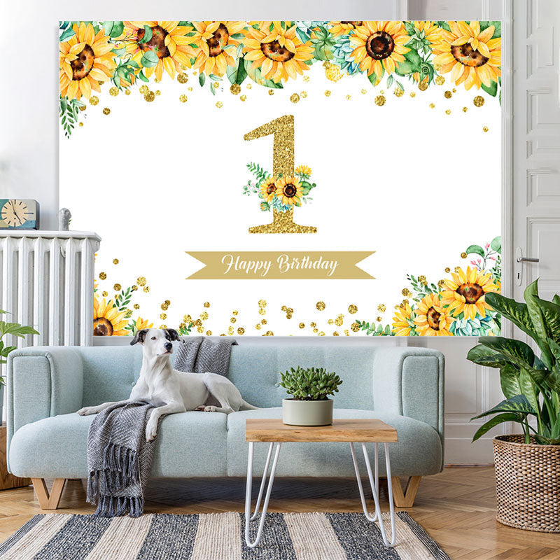 Lofaris Sunflower Gold Glitter Happy 1st Birthday Backdrop for Girl