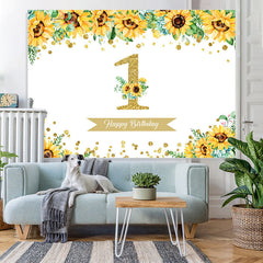 Lofaris Sunflower Gold Glitter Happy 1st Birthday Backdrop for Girl