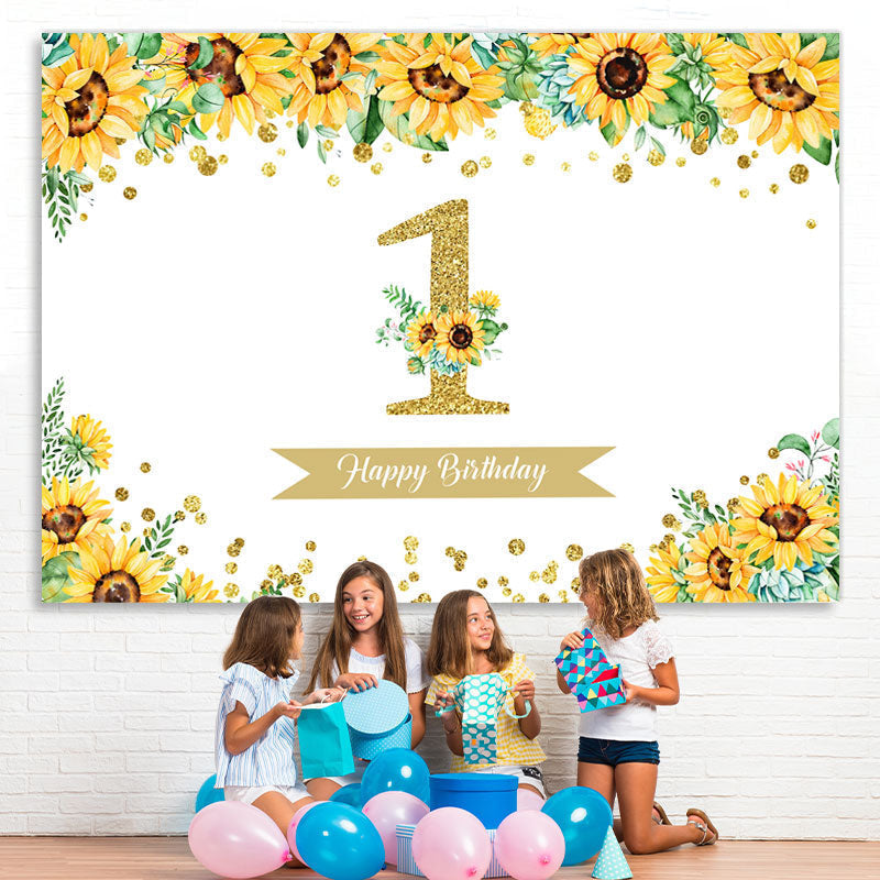 Lofaris Sunflower Gold Glitter Happy 1st Birthday Backdrop for Girl
