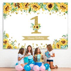 Lofaris Sunflower Gold Glitter Happy 1st Birthday Backdrop for Girl