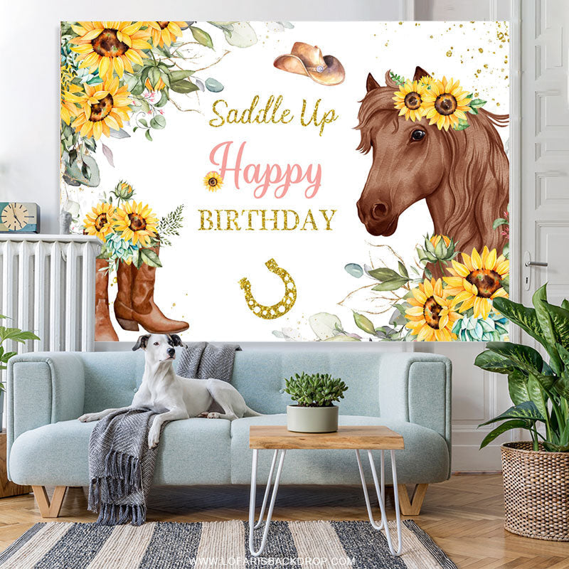 Lofaris Sunflowers And Brown Horse Gold Glitter Birthday Backdrop