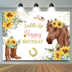 Lofaris Sunflowers And Brown Horse Gold Glitter Birthday Backdrop