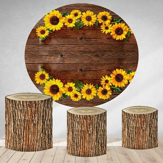 Lofaris Sunflowers And Brown Wooden Round Birthday Backdrop