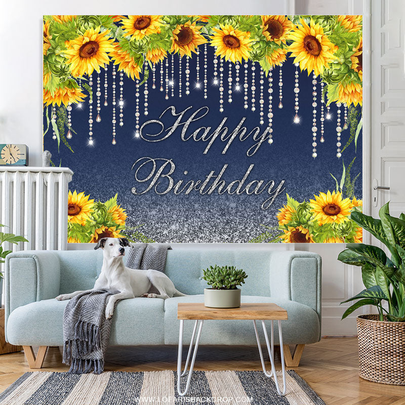 Lofaris Sunflowers And Glitter Lines Happy Birthday Backdrop