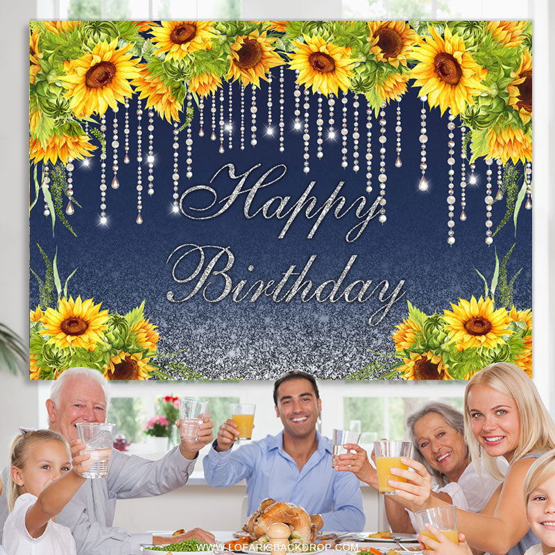 Lofaris Sunflowers And Glitter Lines Happy Birthday Backdrop