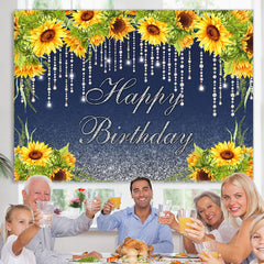 Lofaris Sunflowers And Glitter Lines Happy Birthday Backdrop