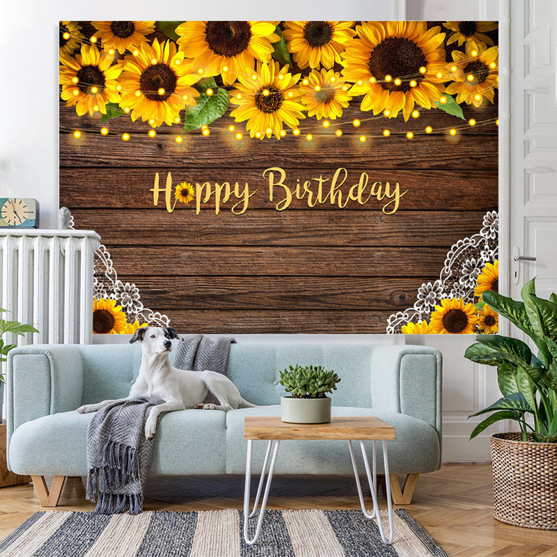 Lofaris Sunflowers and Lace Wooden Happy Birthday Backdrop