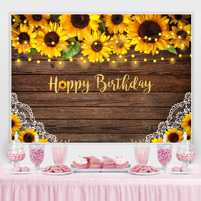 Lofaris Sunflowers and Lace Wooden Happy Birthday Backdrop
