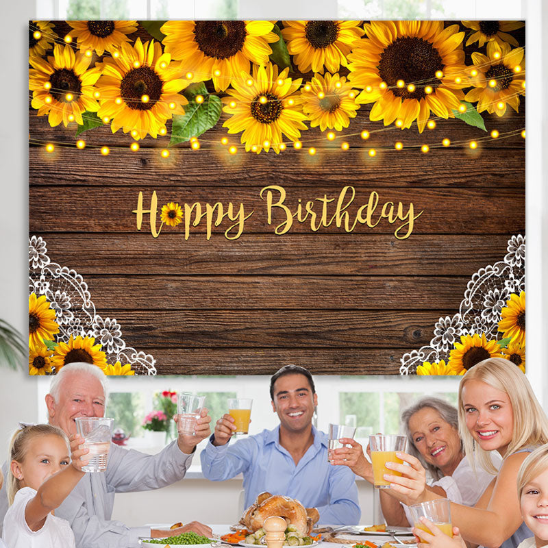 Lofaris Sunflowers and Lace Wooden Happy Birthday Backdrop