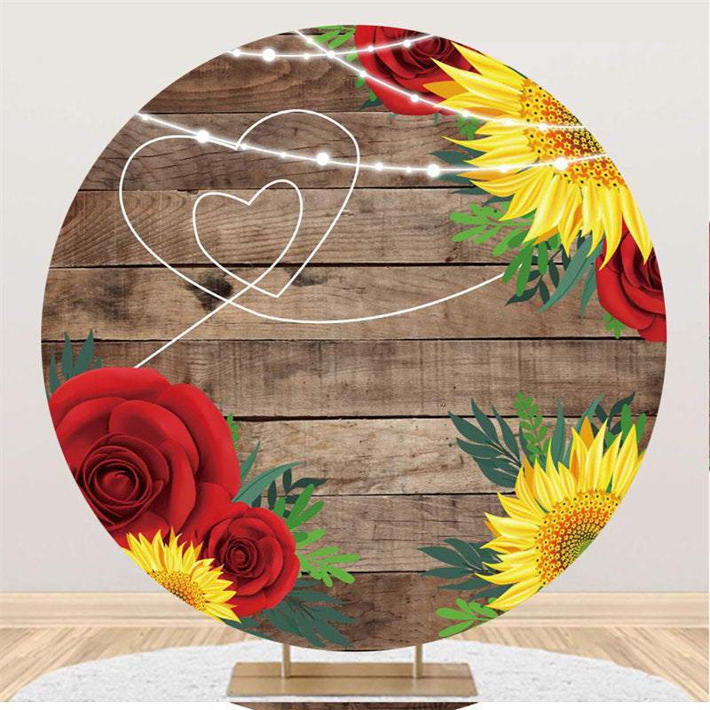 Lofaris Sunflowers And Roses Round Khaki Wood Wedding Backdrop