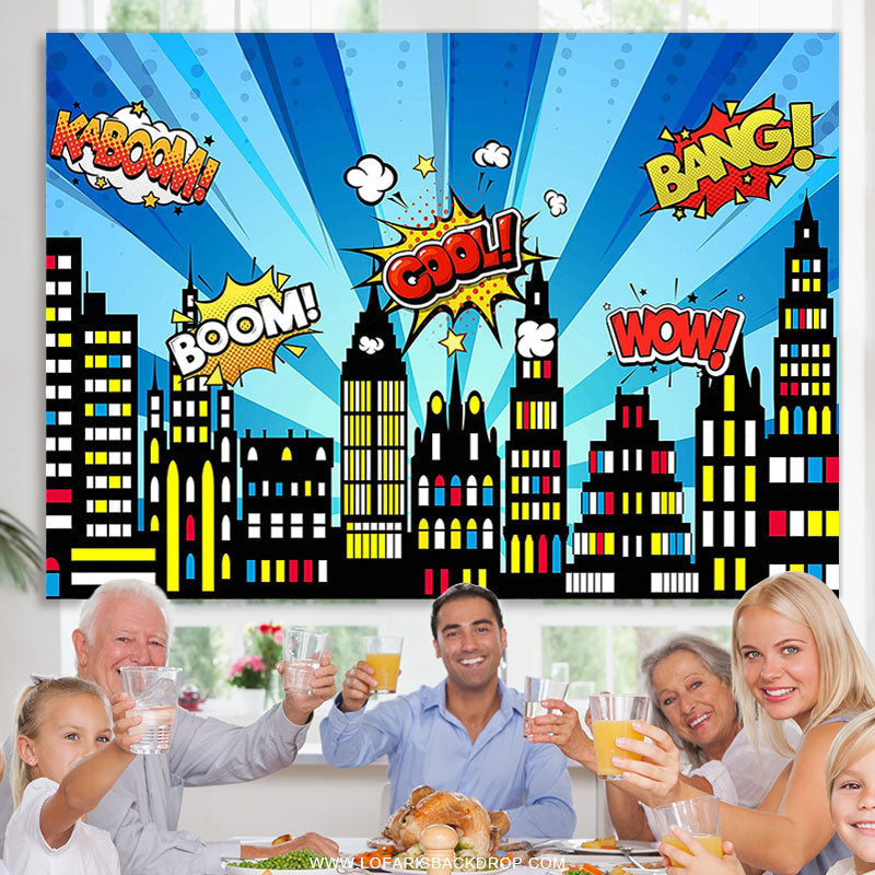 Lofaris Superhero Cityscape Building Scenes Birthday Backdrop