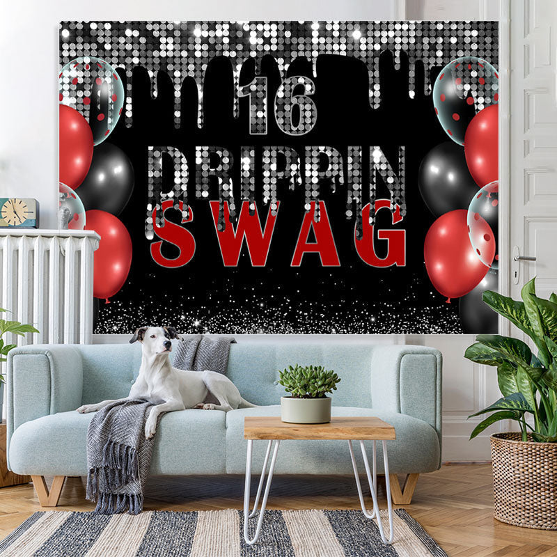 Lofaris Swag 16 Black And Silver Glitter Birthday Backdrop
