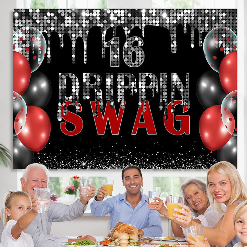 Lofaris Swag 16 Black And Silver Glitter Birthday Backdrop