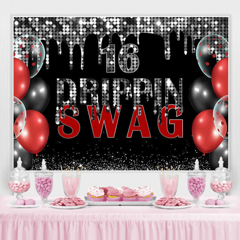 Lofaris Swag 16 Black And Silver Glitter Birthday Backdrop